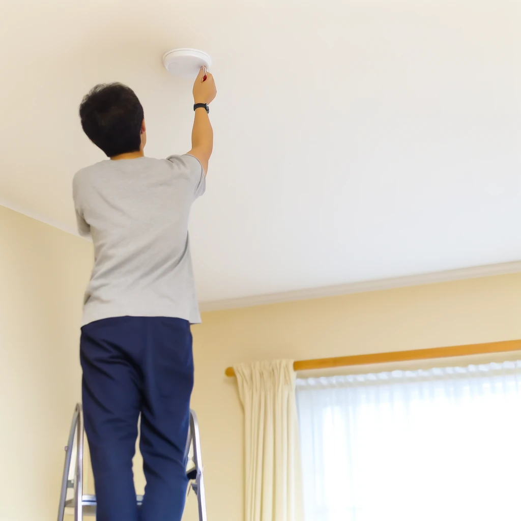 DALL·E 2024 05 31 14.48.09 A person standing on a small ladder or stool reaching up to disable a smoke detector on the ceiling. The person is wearing casual clothing and the r